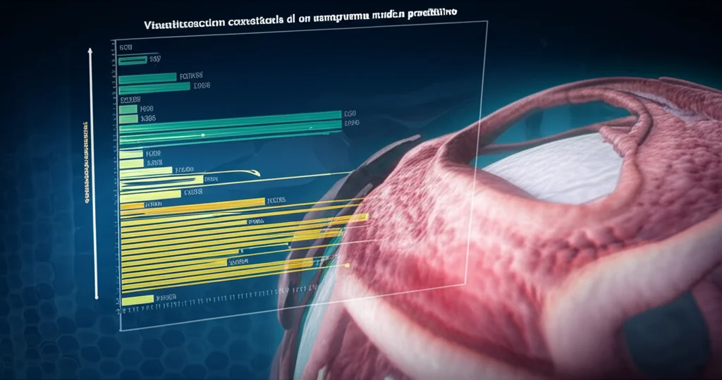 Visualizzazione concettuale di un nomogramma medico predittivo per il rischio di carcinoma gastrico, sovrapposto a un'immagine stilizzata della mucosa gastrica. Il nomogramma presenta scale graduate e linee che connettono diversi fattori di rischio. Illuminazione drammatica con focus selettivo sul nomogramma. Obiettivo macro 100mm per i dettagli della mucosa, combinato con un effetto grafico per il nomogramma. Colori dominanti blu scuro e accenti arancioni per evidenziare il rischio.