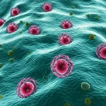 Visualizzazione microscopica di vescicole extracellulari di Lactiplantibacillus plantarum che interagiscono con cellule epiteliali intestinali, con evidenza di autofagosomi. Macro lens, 60mm, high detail, precise focusing, controlled lighting, colori vibranti per distinguere le strutture cellulari.
