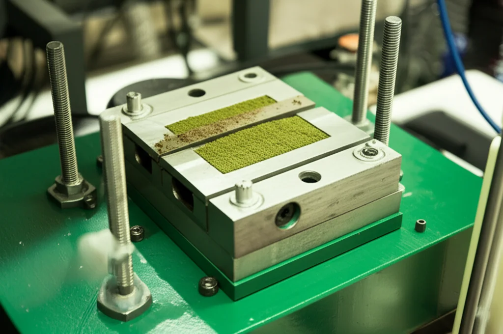 A detailed, precisely focused image of a green sand mold sample within a direct shear test apparatus, highlighting the scientific equipment used to measure mechanical properties accurately.