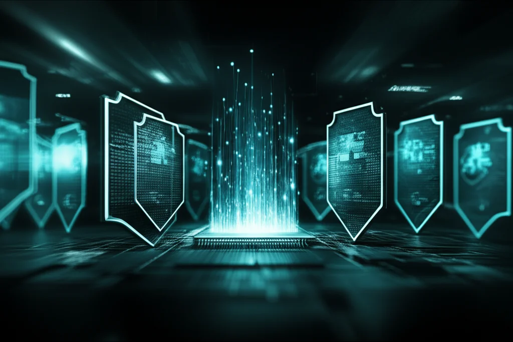 Concetto astratto di sicurezza informatica avanzata: un flusso di dati digitali protetto da scudi multipli che si adattano dinamicamente, rappresentando la sicurezza adattiva e la robustezza. Obiettivo prime 35mm, stile film noir con contrasti elevati, profondità di campo.