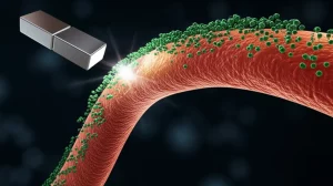 Fotografia macro ad alta definizione di nanoparticelle magnetiche rivestite di trombina che si accumulano in un vaso sanguigno cerebrale stilizzato di un topo, con un piccolo magnete esterno visibile che le attrae. Illuminazione controllata per evidenziare la texture delle particelle e il flusso sanguigno, obiettivo macro 105mm, messa a fuoco precisa, sfondo scuro per enfatizzare il soggetto.