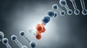Immagine concettuale di un filamento di DNA con una sezione evidenziata che rappresenta il gene CHEK2, con un effetto visivo che suggerisce una mutazione o anomalia. Macro lens, 60mm, high detail, precise focusing, controlled lighting con toni blu e grigi duotone per un'atmosfera scientifica e seria.