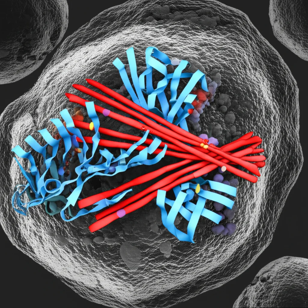 Immagine fotorealistica di proteine SUMO2/3 (visualizzate come catene molecolari rosso brillante) che si legano a proteine bersaglio associate alla trascrizione (strutture proteiche più grandi e complesse in tonalità blu e grigie) all'interno di un nucleo cellulare stilizzato, in risposta a stress da deprivazione di ossigeno e glucosio. Prime lens, 35mm, depth of field, duotone rosso e grigio scuro, illuminazione drammatica che evidenzia i siti di legame.