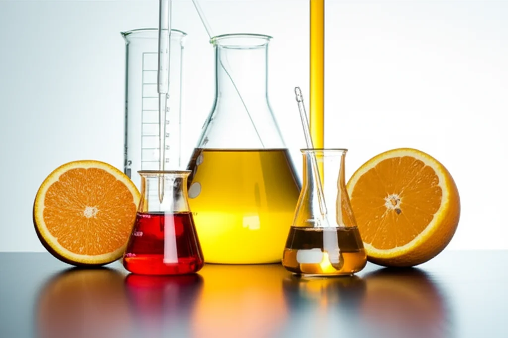 La natura morta fotorealistica, lenti macro 105mm, che mostrano vibranti bucce arancioni accanto a vetreria da laboratorio contenenti solventi colorati di nades, evidenziando il concetto di estrazione sostenibile di composti bioattivi da sottoprodotti di agrumi, dettagli elevati, focalizzazione precisa, illuminazione controllata.