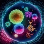 Macro lens, 60mm, high detail, precise focusing, controlled lighting, a photorealistic image depicting a stylized representation of diverse microbiota releasing various glowing metabolite molecules that are interacting with ovarian and gastrointestinal cancer cells within the ascites fluid environment.