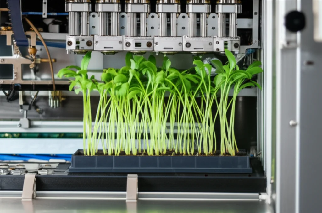 Photorealistic image of a complex agricultural machine designed for grafting six vegetable seedlings simultaneously, high detail, precise focusing, controlled lighting, macro lens, objects, plants.