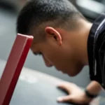 Photorealistic portrait photography of a person performing a pushing task, 24mm portrait, depth of field focusing on the back and shoulders, representing spinal posture and movement during manual handling.