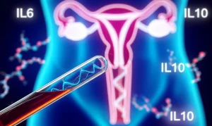 Primo piano di una provetta da laboratorio contenente un campione di DNA con sullo sfondo un'immagine stilizzata della cervice uterina e delle molecole di IL6 e IL10, illuminazione da studio per enfatizzare la provetta, obiettivo macro 60mm, alta definizione per i dettagli del DNA.