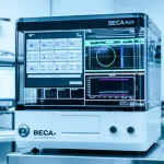 Un bioreattore avanzato BECA-Auto in un laboratorio di ricerca medica, con display digitali che mostrano dati sulla coltura di cellule T. L'ambiente è pulito e high-tech, illuminazione controllata, macro lens, 70mm, high detail, duotone ciano e argento.