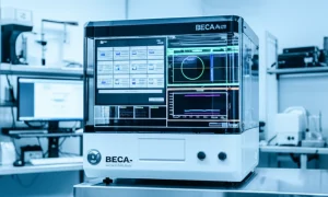 Un bioreattore avanzato BECA-Auto in un laboratorio di ricerca medica, con display digitali che mostrano dati sulla coltura di cellule T. L'ambiente è pulito e high-tech, illuminazione controllata, macro lens, 70mm, high detail, duotone ciano e argento.