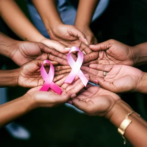 Un'immagine simbolica che rappresenta l'equità nelle cure mediche per il cancro al seno metastatico: mani di diverse etnie che si sostengono a vicenda, con un nastro rosa stilizzato sullo sfondo. Prime lens, 35mm, depth of field, colori caldi e rassicuranti.