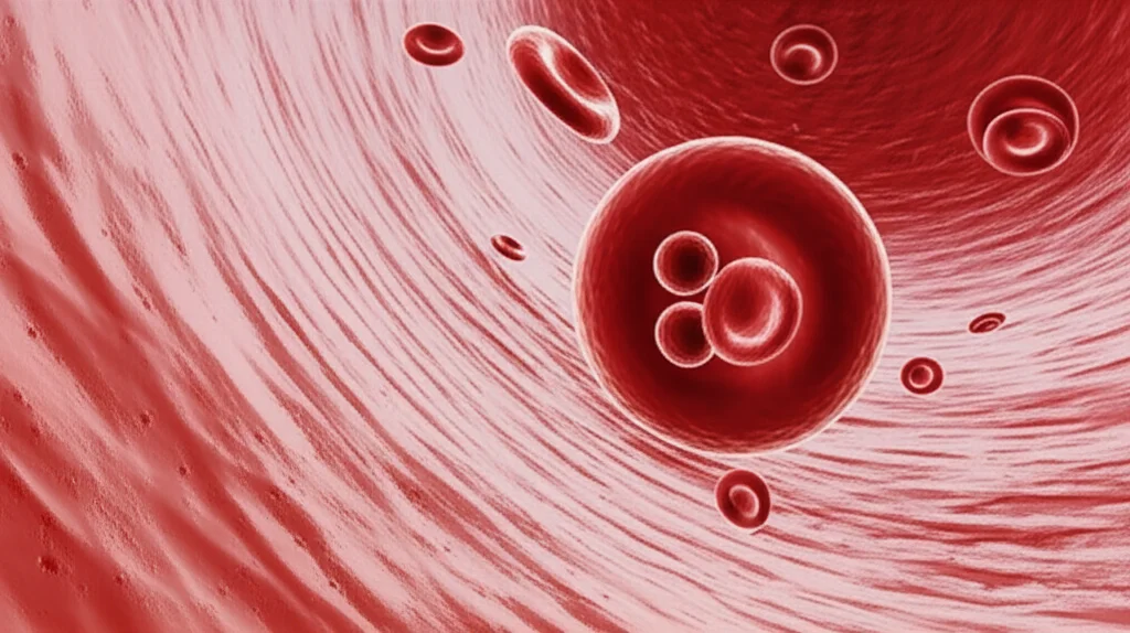 Visualizzazione artistica e fotorealistica di globuli rossi, alcuni dei quali modificati con CRISPR-Cas9, con il parassita della malaria che tenta di invaderli. In primo piano, un globulo rosso Kell-nullo resiste all'invasione, mentre sullo sfondo si vedono farmaci antimalarici. Lente macro 80mm, illuminazione drammatica e controllata, alto dettaglio.