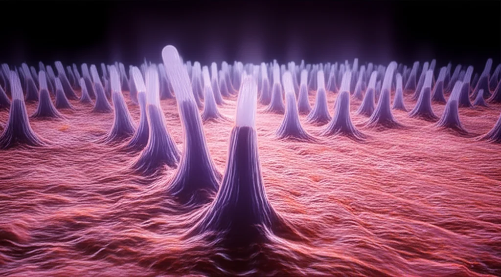 Visualizzazione artistica ma fotorealistica di cellule epiteliali delle vie aeree in migrazione su una superficie danneggiata. Focus selettivo su alcune cellule che estendono protrusioni, con sfondo leggermente sfocato (profondità di campo). Illuminazione drammatica laterale che evidenzia le texture cellulari. Lente prime 35mm.