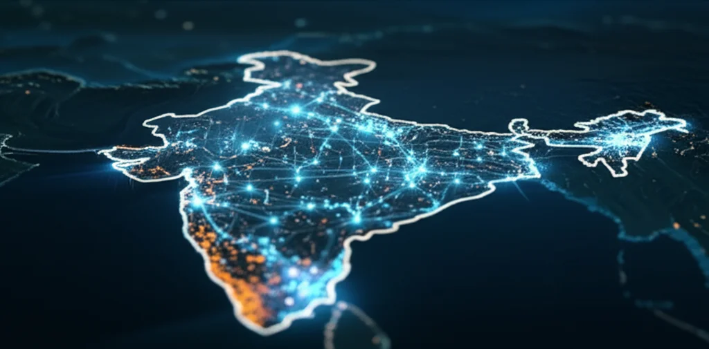 Concetto astratto di intelligenza artificiale che analizza dati climatici per la previsione della siccità. Flussi di dati digitali luminosi blu e arancioni convergono su una mappa stilizzata dell'India centrale su sfondo scuro. Macro lens 70mm, high detail, controlled lighting, messa a fuoco precisa sui flussi di dati.