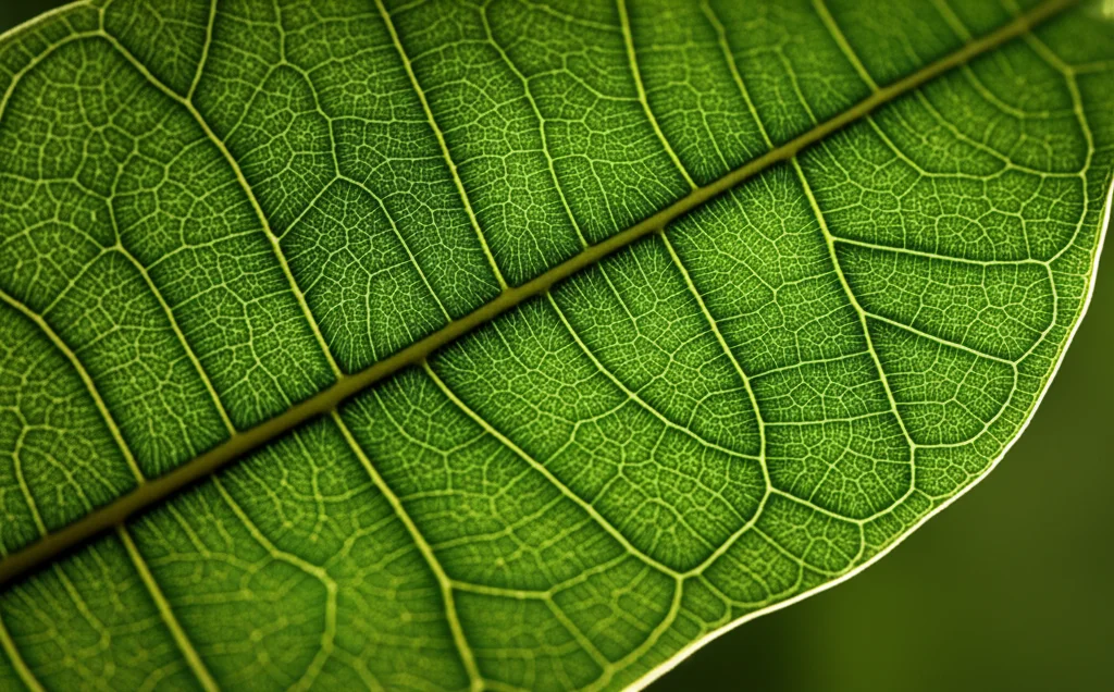 Fotografia macro di una foglia di Hevea brasiliensis (albero della gomma) che mostra dettagli delle venature e della texture superficiale, lente macro 90mm, illuminazione laterale controllata per esaltare la tridimensionalità, messa a fuoco nitida, sfondo leggermente sfocato.