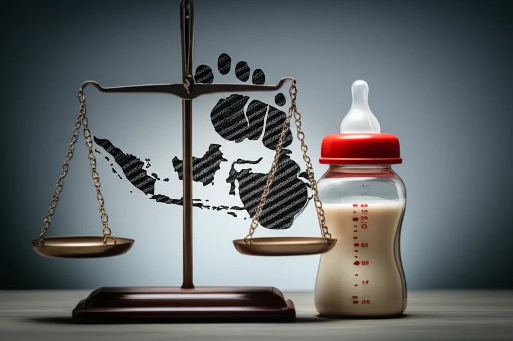 Immagine concettuale che mostra un biberon di latte artificiale su una bilancia che pende dal lato del costo, con sullo sfondo un'impronta di carbonio stilizzata e una mappa dell'Indonesia. Luce drammatica, focus selettivo sul biberon, colori desaturati con un accento di rosso sulla bilancia. Obiettivo prime, 35mm, profondità di campo.