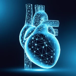 Immagine concettuale di un cuore umano digitale analizzato da un'intelligenza artificiale, con reti neurali luminose che si sovrappongono, sfondo tecnologico blu scuro, obiettivo prime da 35mm, effetto duotone blu e ciano per un look futuristico e medico.