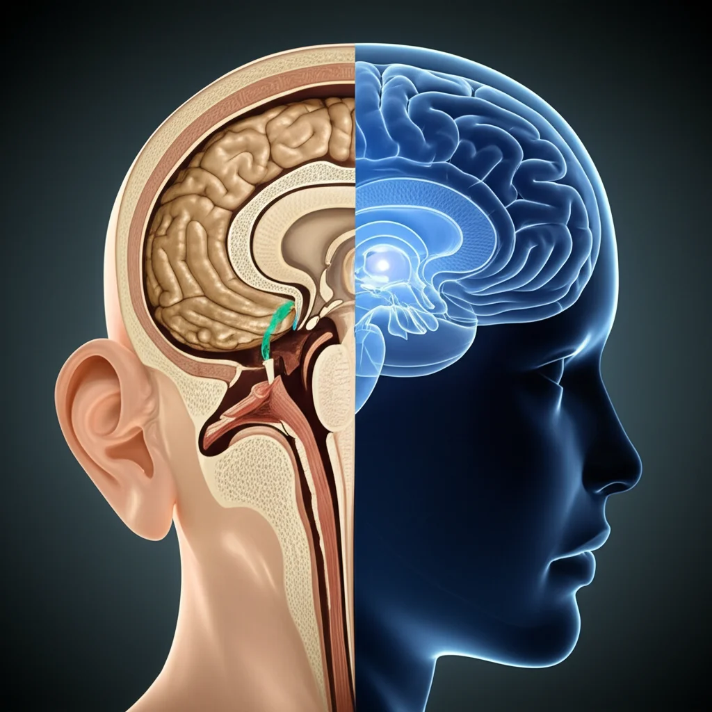 Immagine concettuale fotorealistica che rappresenta una testa umana divisa a metà: da un lato l'orecchio interno con il sistema vestibolare evidenziato, dall'altro lato il cervello con aree cognitive illuminate che appaiono leggermente offuscate o nebbiose. Stile macro 90mm, illuminazione controllata, dettagli elevati.