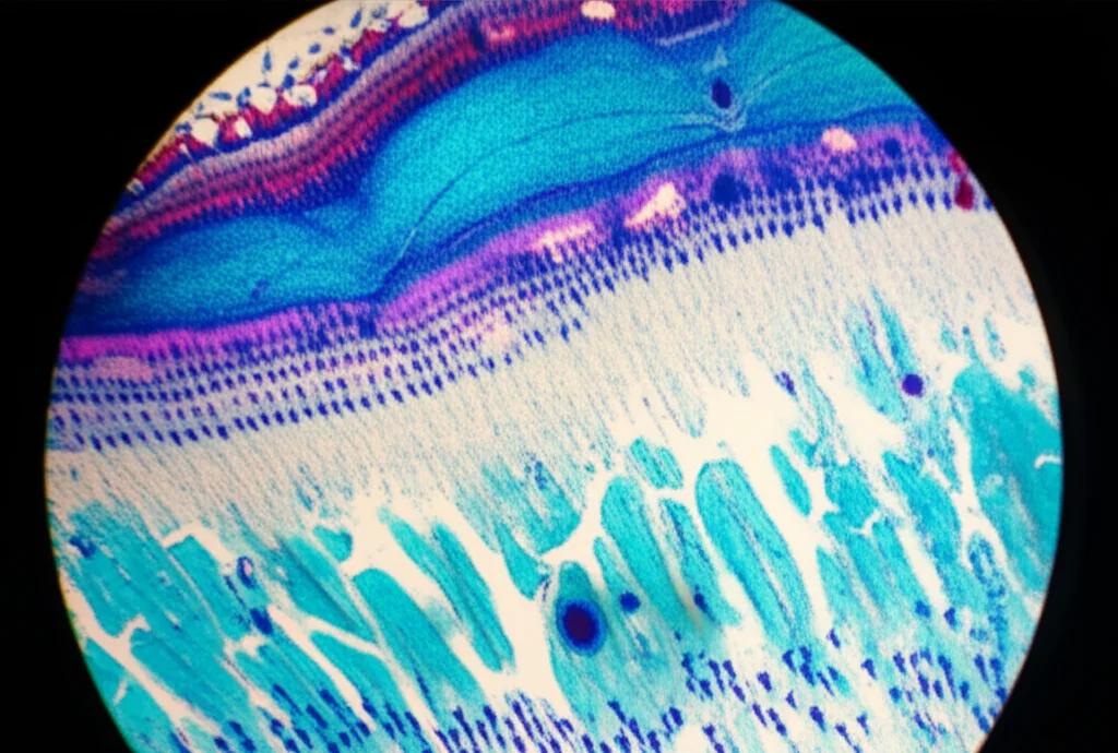 Immagine fotorealistica al microscopio del corpo ciliare dell'occhio, obiettivo macro 90mm, alta definizione, illuminazione controllata, che mostra la struttura cellulare pigmentata e non pigmentata con potenziale rigenerativo per la retina, con un focus preciso sulle cellule che potrebbero differenziarsi.