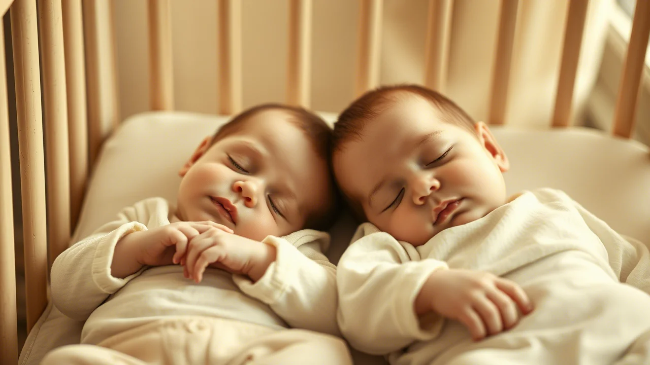 Immagine fotorealistica di due neonati gemelli che dormono pacificamente fianco a fianco in una culla, uno leggermente più piccolo dell'altro, luce calda e soffusa proveniente da una finestra, obiettivo 35mm, profondità di campo che sfoca leggermente lo sfondo, duotono seppia e crema per un'atmosfera tenera.