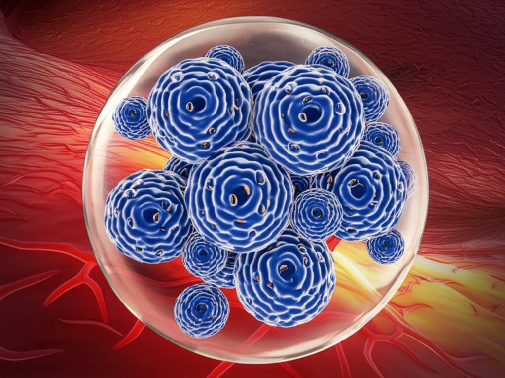 Immagine fotorealistica di nanoparticelle di cerio ingegnerizzate con peptidi ciclici penetranti cellulari che interagiscono con la superficie di un cristallino oculare, mostrando il potenziale di alleviare la cataratta indotta da radiazioni ultraviolette. Obiettivo macro 60mm, alta definizione, illuminazione controllata per evidenziare la texture del cristallino e la natura high-tech delle nanoparticelle.