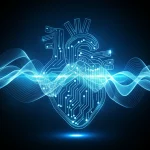 Immagine fotorealistica di un cuore stilizzato fatto di circuiti luminosi su uno sfondo blu scuro, con onde sonore astratte che emanano da esso simboleggiando la voce del paziente (PRO), obiettivo macro 100mm per dettaglio sui circuiti, illuminazione drammatica e controllata.