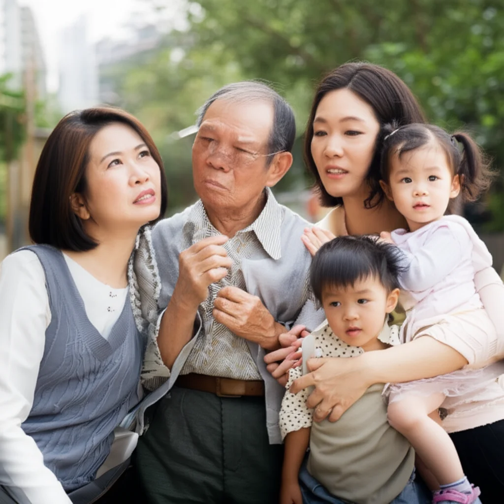 Immagine fotorealistica di una famiglia taiwanese di tre generazioni, nonno, genitori e nipoti (un maschio, una femmina), che guarda verso il futuro con espressioni miste, ambientata in un contesto urbano moderno di Taiwan, obiettivo 50mm, profondità di campo, luce naturale morbida.