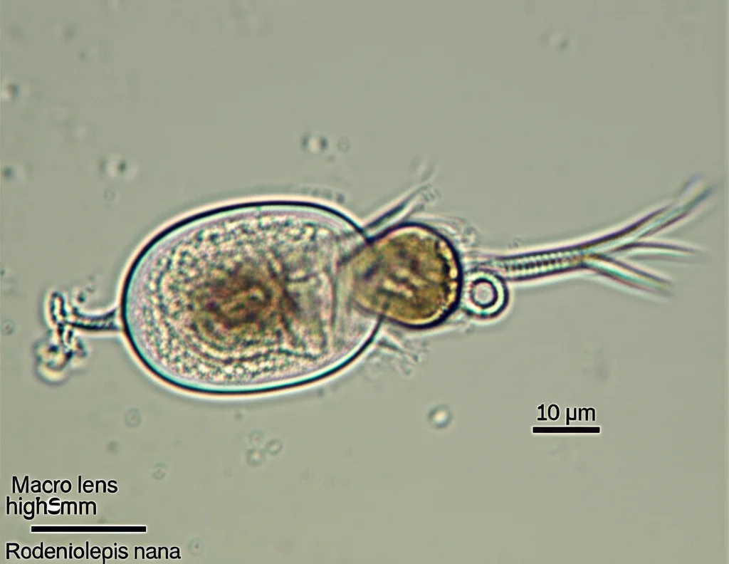 Macro lens, 105mm, high detail, precise focusing, controlled lighting, view of Rodentolepis nana egg under a microscope with a scale bar