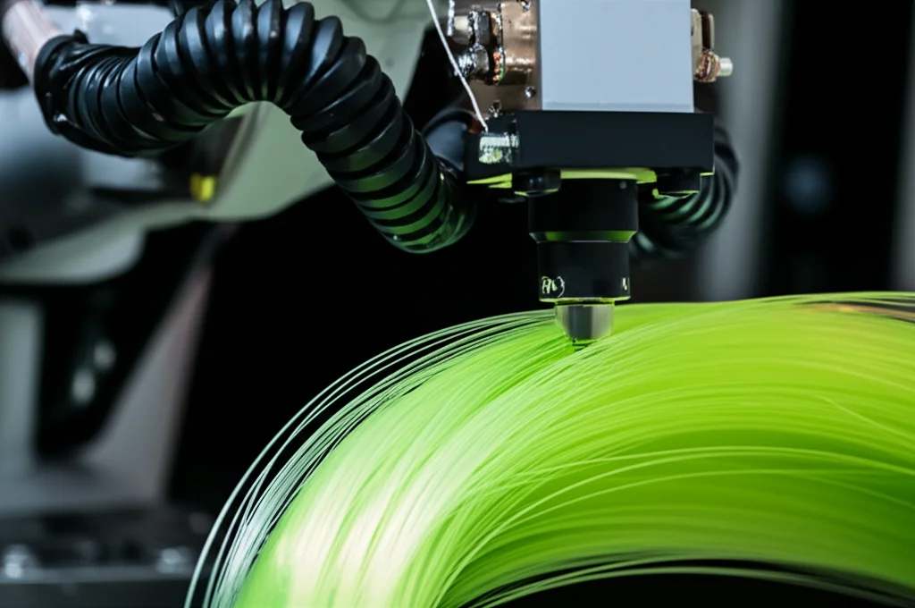 Primo piano di un braccio robotico che avvolge con precisione fibre composite luminose su un telaio metallico complesso, creando la base per un elemento di calcestruzzo a guscio. Dettaglio macro, obiettivo 85mm, illuminazione da studio controllata per evidenziare la texture delle fibre e la lucentezza della resina.