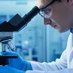 Primo piano di un ricercatore che analizza campioni di sangue al microscopio in un laboratorio moderno, illuminazione da laboratorio precisa, obiettivo macro 60mm, alta definizione dei dettagli, focus sulle mani e sul microscopio, atmosfera scientifica e di scoperta.