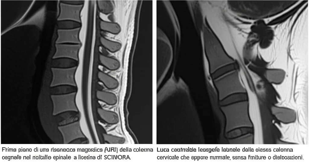 Primo piano di una risonanza magnetica (MRI) della colonna cervicale che mostra una iperintensità del segnale nel midollo spinale a livello C4-C5, indicativa di SCIWORA. Accanto, una radiografia laterale della stessa colonna cervicale che appare normale, senza fratture o dislocazioni. Luce controllata, alta definizione, obiettivo macro 100mm per dettaglio sul midollo.