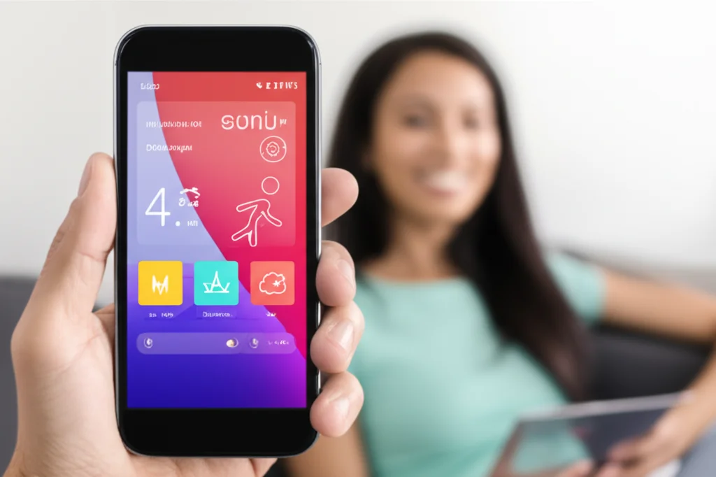 Primo piano di uno smartphone che mostra un'interfaccia di un'app di mindfulness o brain training, con icone colorate e un design pulito. Sullo sfondo, una persona sorridente e rilassata, leggermente sfocata. Obiettivo macro, 85mm, illuminazione da studio controllata, alta definizione dei dettagli sullo schermo.