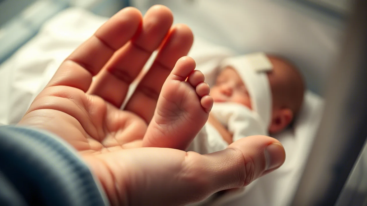 Primo piano fotorealistico di una mano adulta che tiene delicatamente un minuscolo piedino di neonato prematuro in un'incubatrice, luce soffusa, profondità di campo ridotta, lente prime 35mm, toni caldi.