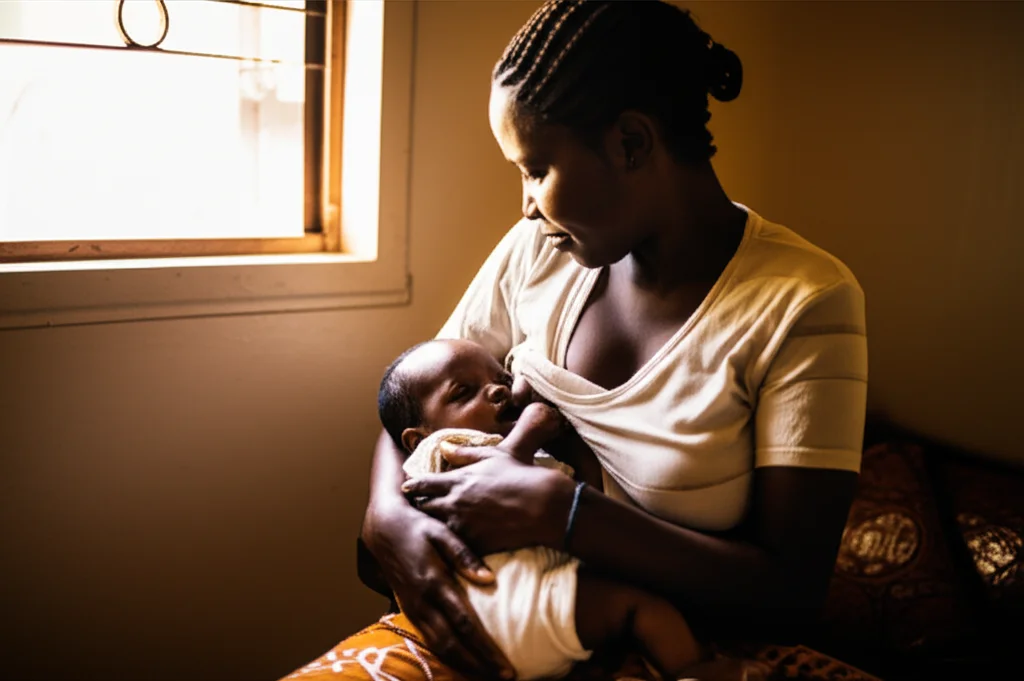 Ritratto fotografico toccante di una giovane madre keniota che allatta al seno il suo neonato. Ambientazione interna semplice, luce naturale morbida proveniente da una finestra. Obiettivo primario 50mm, profondità di campo ridotta per isolare madre e figlio dallo sfondo. Espressione della madre mista a tenerezza e una velata preoccupazione. Toni caldi e avvolgenti. Film look leggero.