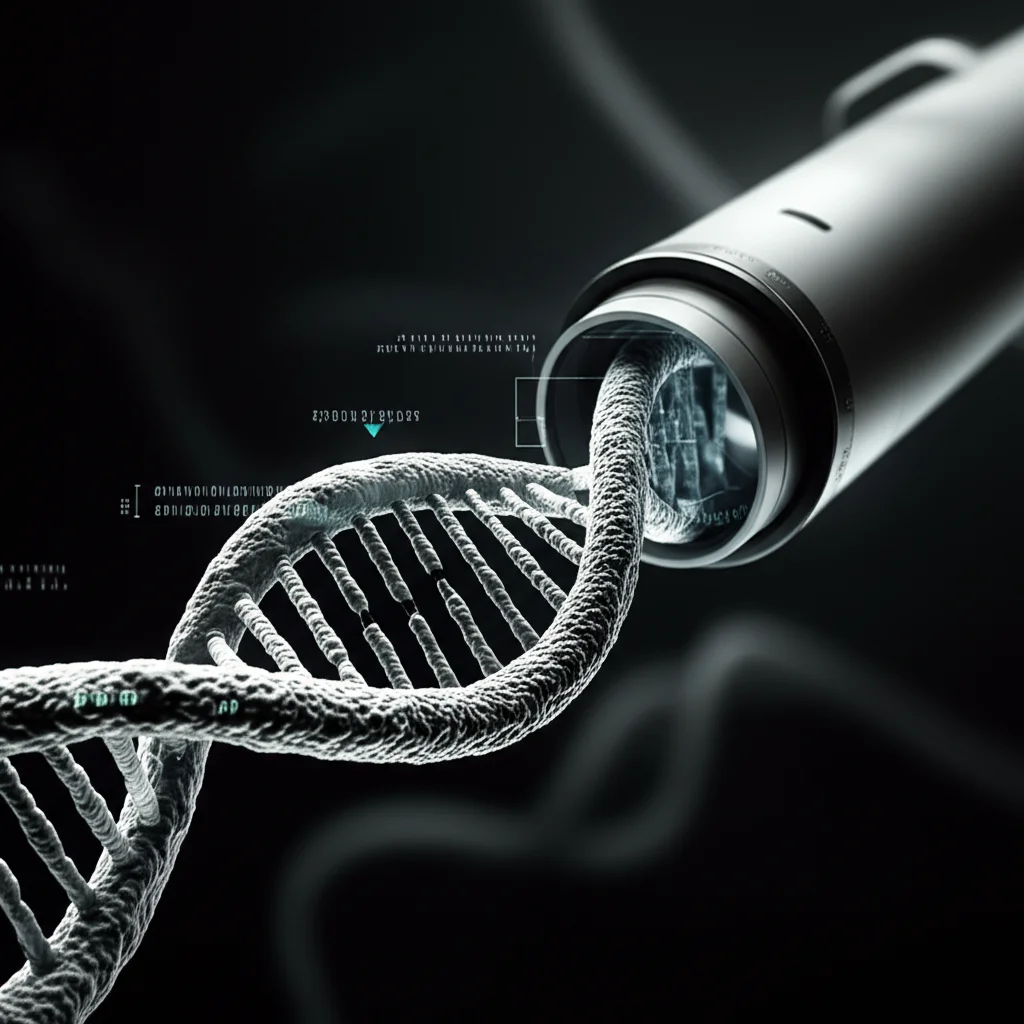 Un'immagine concettuale di una molecola di RNA che passa attraverso un nanoporo, con dati digitali e grafici di sequenziamento che emanano dal processo. Prime lens 35mm, stile film noir con forti contrasti e ombre, profondità di campo che sfoca lo sfondo per concentrarsi sul nanoporo.