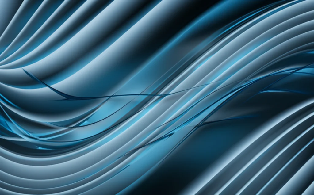 Visualizzazione artistica di onde caotiche che interagiscono con strutture geometriche complesse nello spazio-tempo, rappresentando equazioni iperboliche stocastiche con caratteristiche simplettiche. Stile astratto con profondità di campo, usando toni blu e grigi duotone, prime lens 35mm.