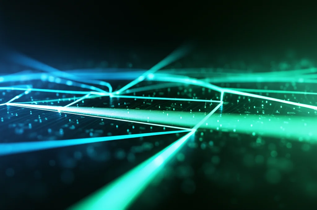 Visualizzazione astratta di una microrete elettrica con flussi di energia digitali che si intersecano, simboleggiando il coordinamento dei relè tramite algoritmi. Prime lens, 35mm, depth of field, duotone blu e verde.