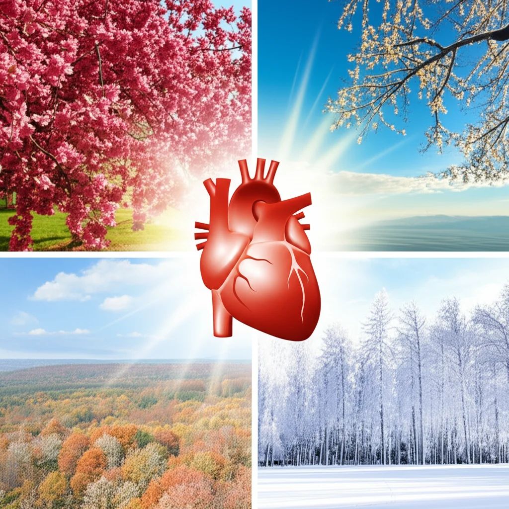 Collage fotografico che mostra quattro paesaggi distinti rappresentanti le quattro stagioni (primavera fiorita, estate soleggiata, autunno con foglie colorate, inverno innevato) disposti attorno a un'immagine centrale stilizzata di un cuore umano sano, con luce soffusa che collega le stagioni al cuore, simboleggiando l'influenza della stagionalità sulla salute cardiaca e la qualità della vita.