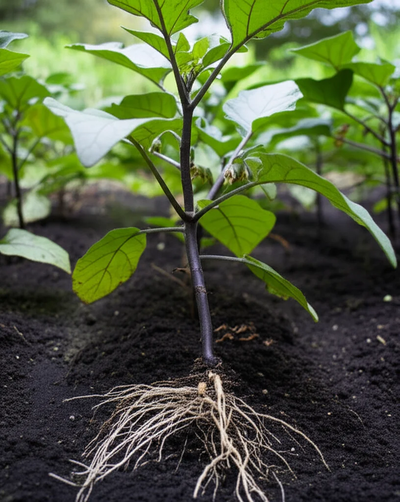 Fotografia macro di una giovane pianta di Solanum nigrum che cresce vigorosa in un terreno scuro, simboleggiando la fitorimediazione. Le radici sono visibili appena sotto la superficie, con una texture dettagliata del suolo. Obiettivo macro 100mm, illuminazione controllata per evidenziare la freschezza della pianta e la ricchezza del suolo, focus preciso sulla pianta.