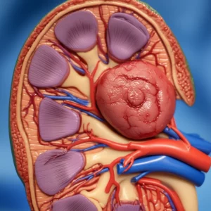 Fotografia medica, obiettivo macro 85mm, dettaglio di un rene umano modello con un tumore renale complesso (>7cm) evidenziato, posizionato come se fosse visto da un approccio retroperitoneale. Illuminazione controllata da studio, alta definizione dei dettagli anatomici, focus preciso sulla lesione e sullo spazio chirurgico circostante simulato.