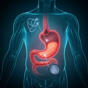 Immagine concettuale di uno stomaco infantile stilizzato con un'area luminosa che indica una perforazione. Intorno, icone mediche come uno stetoscopio e una lente d'ingrandimento. Sfondo pulito e moderno. Macro lens, 80mm, high detail, controlled lighting, colori tenui con un punto focale brillante sull'ulcera.