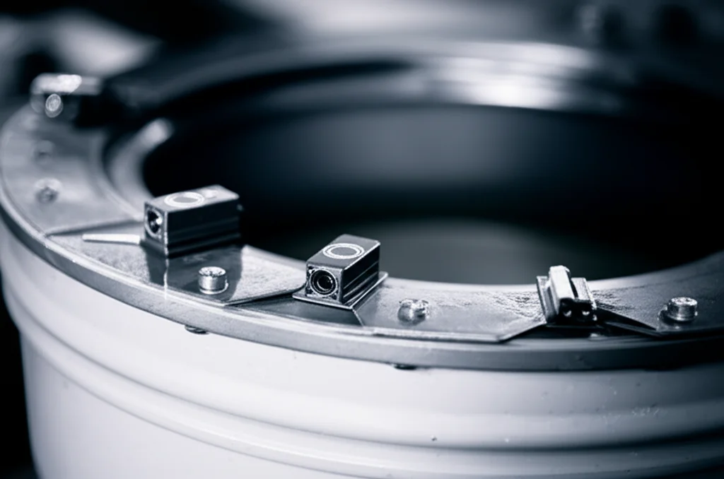 Immagine fotorealistica di un sistema di sensori laser per il rilevamento del flusso di iniezione. Si vedono più sensori laser miniaturizzati, montati strategicamente sopra un tamburo di miscelazione industriale contenente boiacca cementizia. L'illuminazione è da studio, con un leggero effetto 'film noir' dato da ombre definite e un contrasto accentuato. Obiettivo prime 35mm, profondità di campo che mette a fuoco i sensori e lascia lo sfondo leggermente sfocato. La scena trasmette precisione tecnologica e innovazione nel settore delle costruzioni.