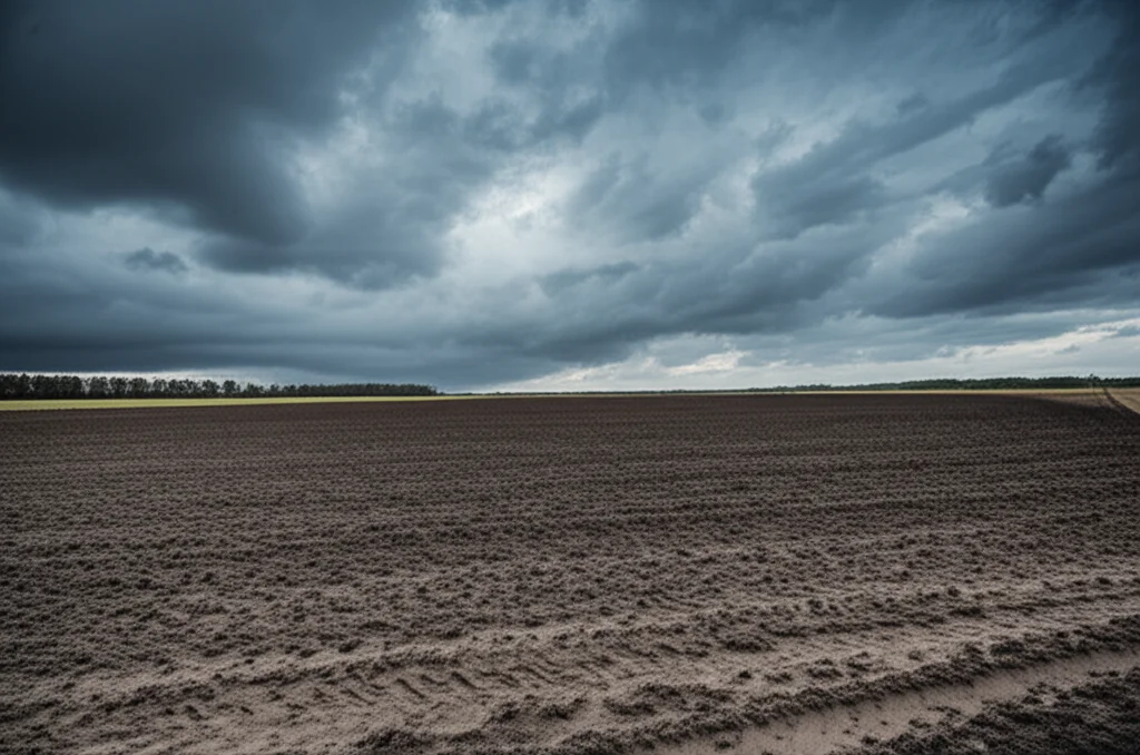 Immagine fotorealistica di un vasto campo agricolo con ampie zone di terreno nudo esposto, sotto un cielo minaccioso che preannuncia un evento climatico estremo. Utilizzare un obiettivo grandangolare da 18mm per enfatizzare la vastità e la vulnerabilità, con messa a fuoco nitida su tutta la scena e una lunga esposizione per suggerire il movimento delle nuvole. L'illuminazione dovrebbe essere drammatica, come quella che precede una tempesta, con toni grigi e blu duotone.