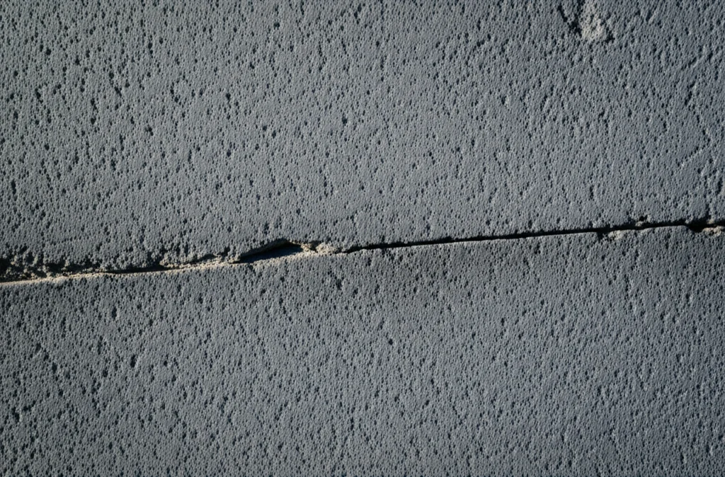 Immagine fotorealistica di una struttura in cemento moderna ed elegante con sottili accenni di aggregato di gomma riciclato visibile su una sezione lucidata, è visibile una piccola crepa quasi impercettibilmente guarita, sotto l'illuminazione morbida e naturale. Prime Lens, 35 mm, profondità di campo, evidenziando la trama e l'innovazione.