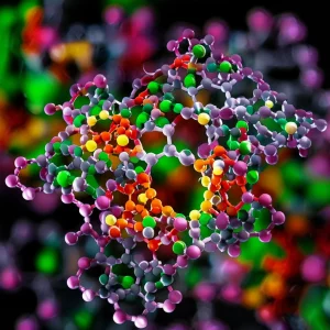 Macro lens, 105mm, High detail, precise focusing, controlled lighting, image showing the molecular structure of a stable acyclic Cp*Ir(III) complex, key to new chemical reactions.
