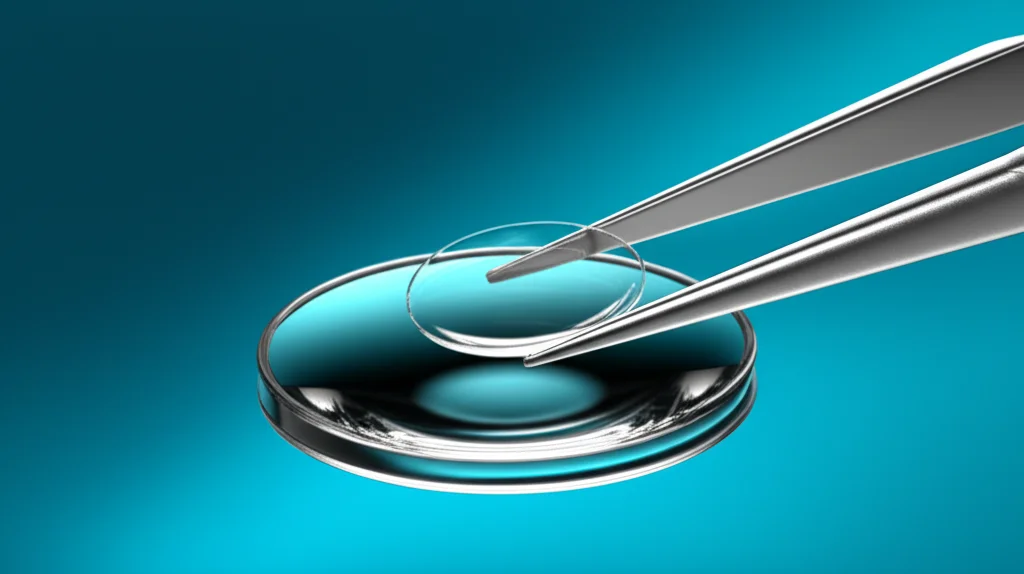 Photorealistic image of a clear intraocular lens being prepared for surgery, macro lens, 100mm, high detail, precise focusing, controlled lighting.