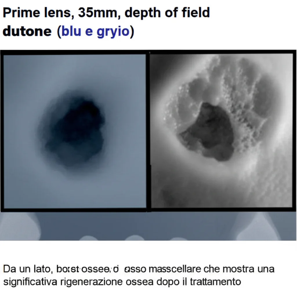 Prime lens, 35mm, depth of field, duotone (blu e grigio), un'immagine divisa: da un lato, un osso mascellare con una cavità cistica, dall'altro, lo stesso osso mascellare che mostra una significativa rigenerazione ossea dopo il trattamento.