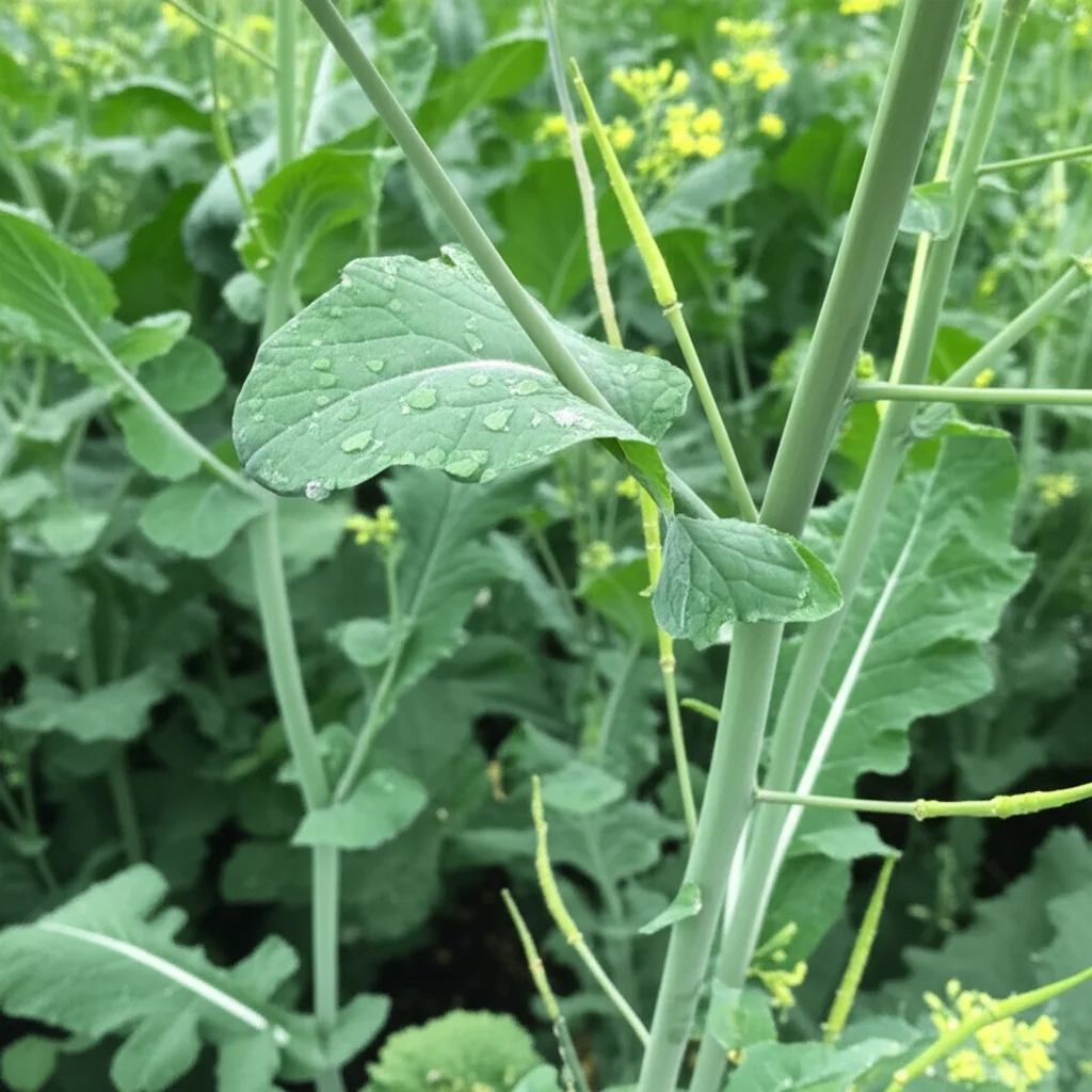 Primo piano di una pianta di colza (Brassica napus) in un campo, che mostra resilienza sotto un cielo leggermente coperto. Goccioline d'acqua sulle foglie verdi brillanti suggeriscono una recente pioggia o stress idrico. Obiettivo macro, 105mm, alta definizione, illuminazione controllata per enfatizzare la texture delle foglie e la vitalità della pianta, con sfondo leggermente sfocato per concentrare l'attenzione sulla pianta.