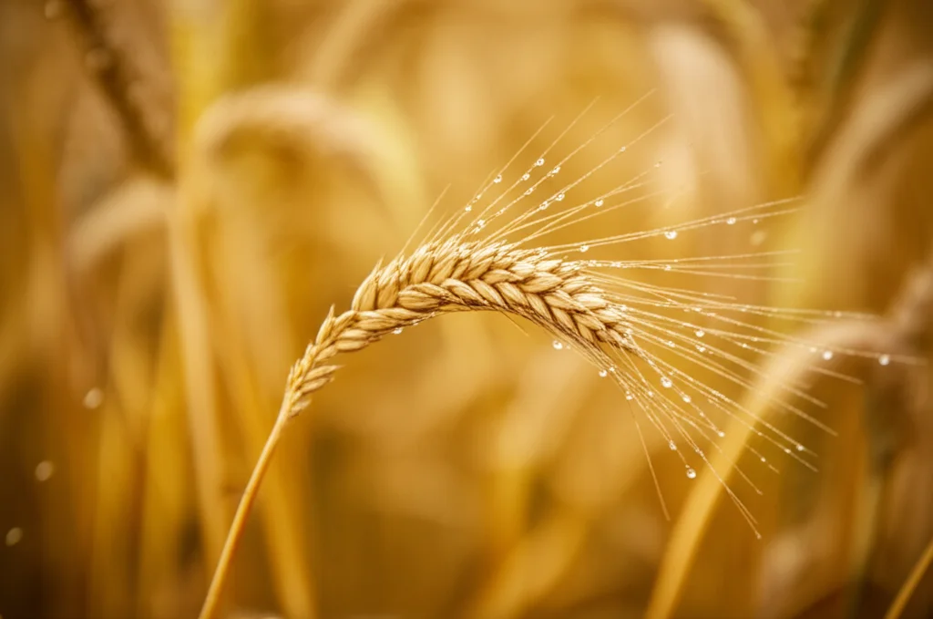 Primo piano di una spiga d'orzo dorata e matura in un campo, con goccioline d'acqua che brillano sulle ariste, simboleggiando la resilienza della pianta. Obiettivo macro 100mm, alta definizione, luce calda del tardo pomeriggio, sfondo leggermente sfocato per mettere in risalto la spiga, evocando robustezza e natura.