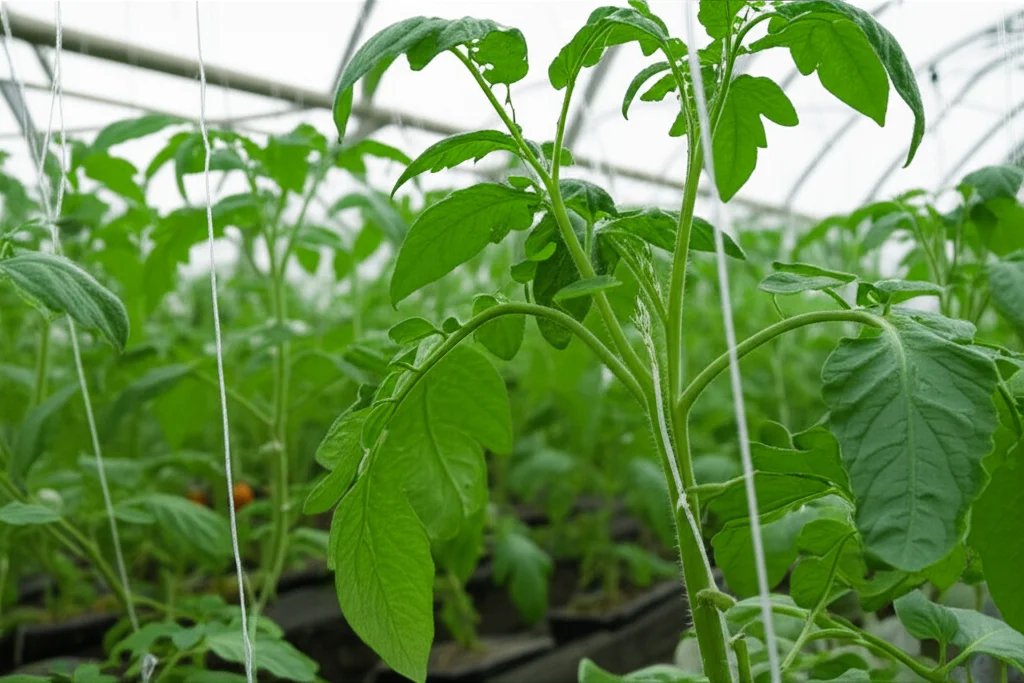 Primo piano macro di un terreno fertile e scuro in una serra, con giovani piantine di pomodoro che spuntano rigogliose. Luce controllata, alta definizione, obiettivo macro 100mm, per evidenziare la texture del suolo e la vitalità delle piante.